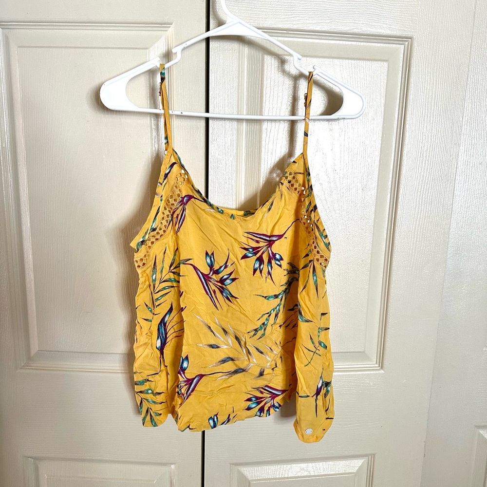 Roxy Mustard Yellow Tropical Floral Camisole  Tank Flowy Top Cut Out Medium
